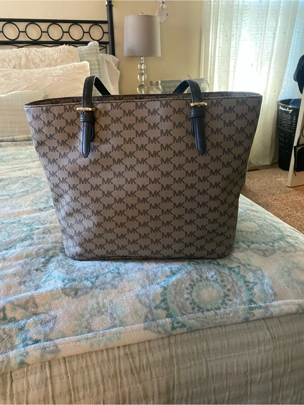 Michael Kors Brown MK Monogram Tote with Black Handles - Picture 2 of 3